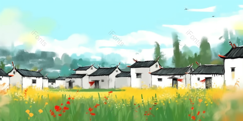 春天花朵盛开的农村景画水彩插画,插画/手绘图,插画/手绘图库,插画/手绘图下载,插画/手绘